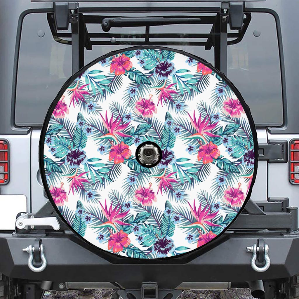 Neon Hibiscus Tropical Pattern Print Tire Cover With Camera Hole