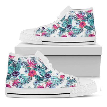 Neon Hibiscus Tropical Pattern Print White High Top Sneakers