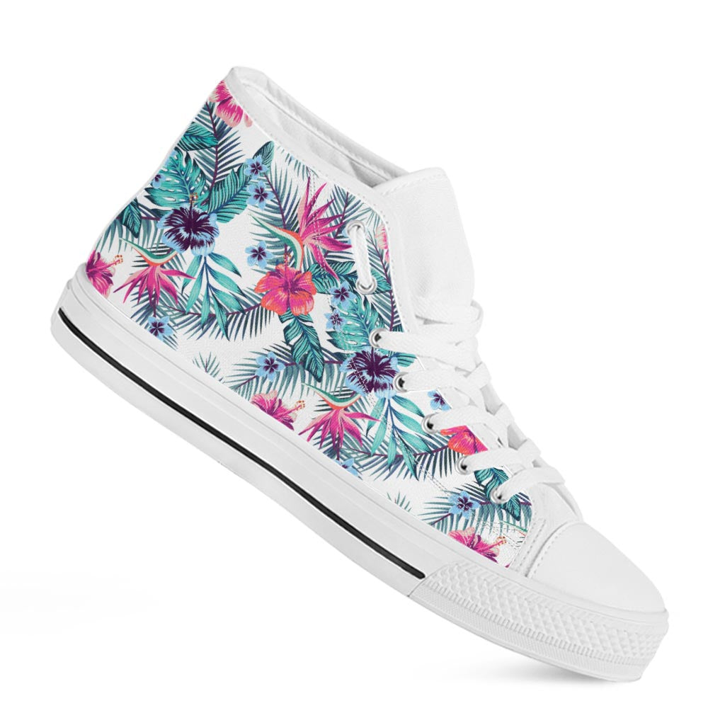Neon Hibiscus Tropical Pattern Print White High Top Sneakers