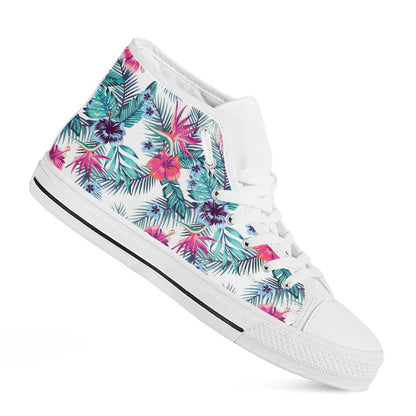 Neon Hibiscus Tropical Pattern Print White High Top Sneakers