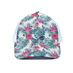 Neon Hibiscus Tropical Pattern Print White Mesh Trucker Cap