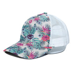Neon Hibiscus Tropical Pattern Print White Mesh Trucker Cap