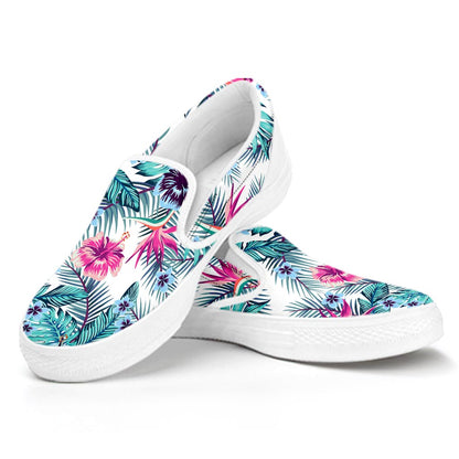 Neon Hibiscus Tropical Pattern Print White Slip On Sneakers