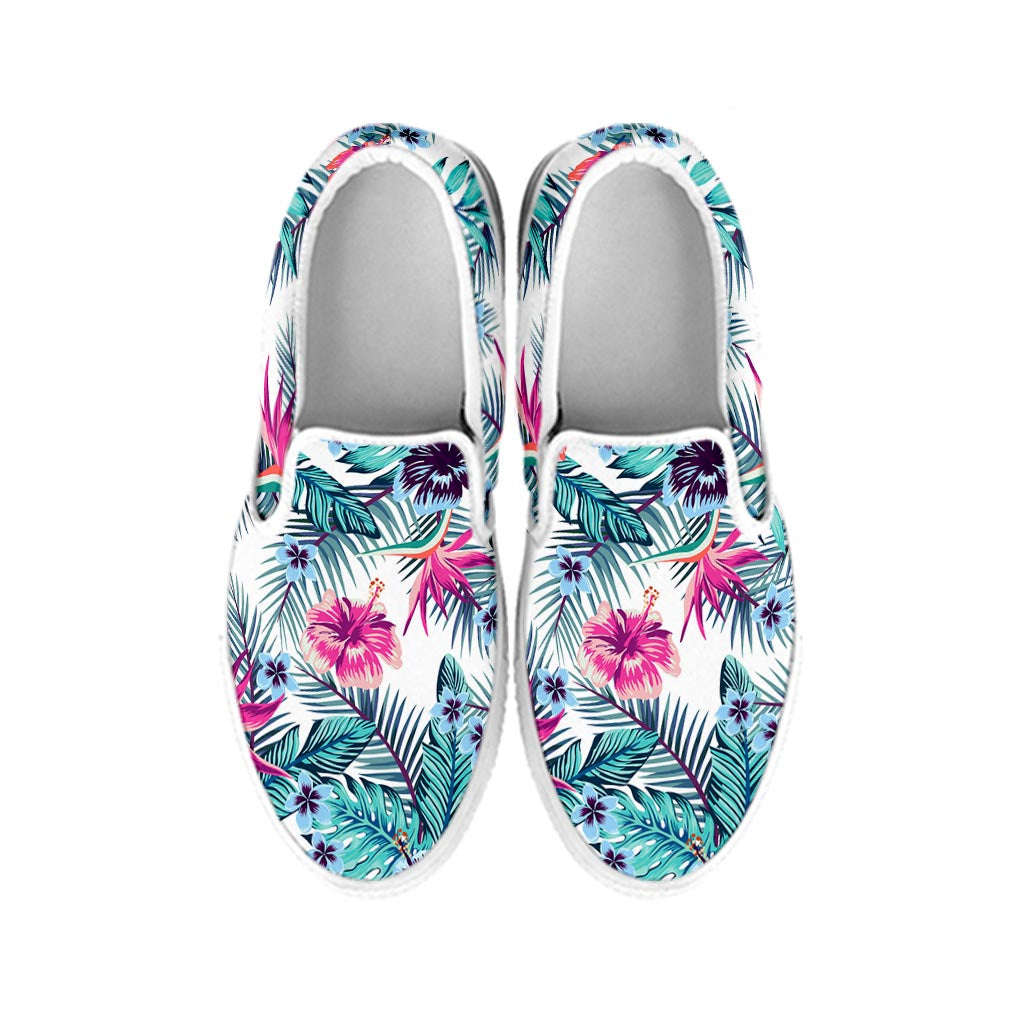 Neon Hibiscus Tropical Pattern Print White Slip On Sneakers