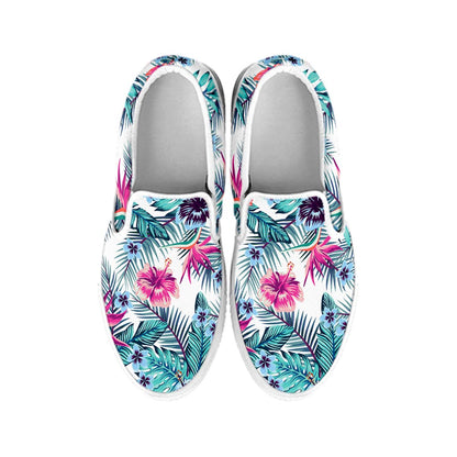 Neon Hibiscus Tropical Pattern Print White Slip On Sneakers