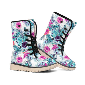 Neon Hibiscus Tropical Pattern Print Winter Boots