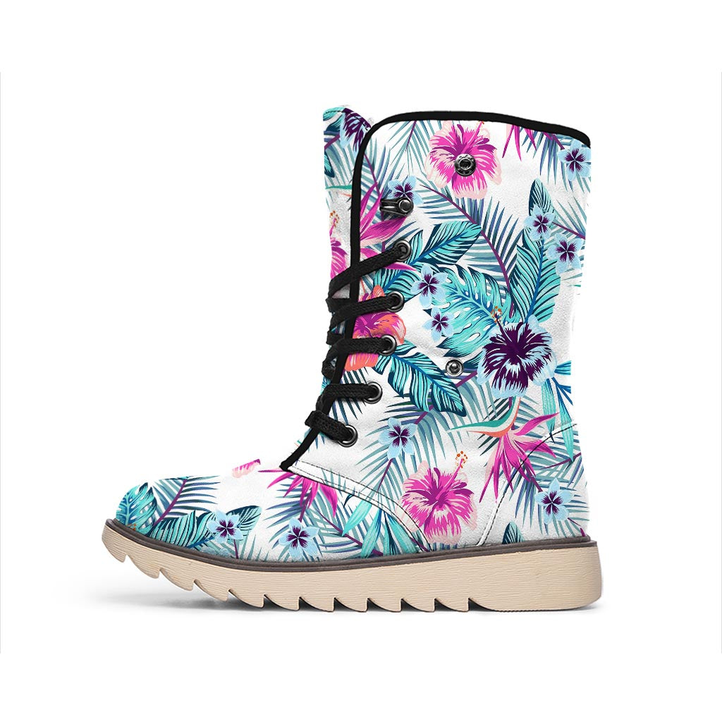 Neon Hibiscus Tropical Pattern Print Winter Boots