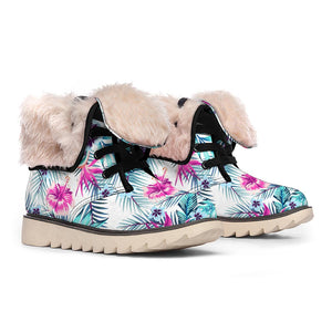 Neon Hibiscus Tropical Pattern Print Winter Boots