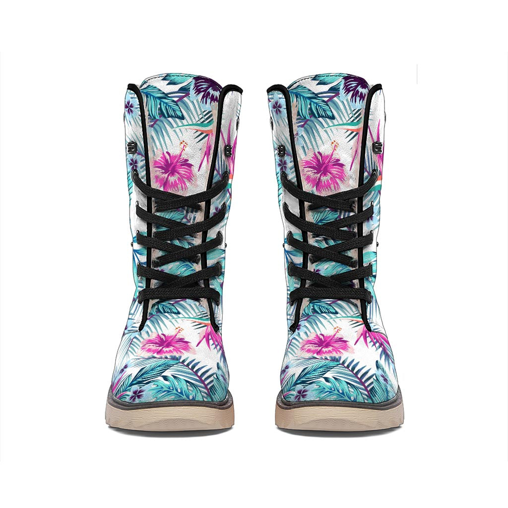 Neon Hibiscus Tropical Pattern Print Winter Boots