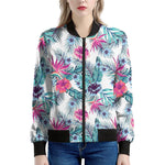 Neon Hibiscus Tropical Pattern Print Women's Bomber Jacket