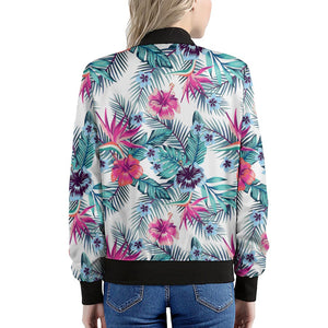 Neon Hibiscus Tropical Pattern Print Women's Bomber Jacket