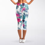 Neon Hibiscus Tropical Pattern Print Women's Capri Leggings