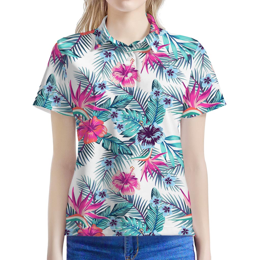 Neon Hibiscus Tropical Pattern Print Women's Polo Shirt