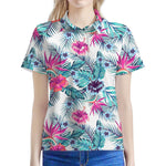 Neon Hibiscus Tropical Pattern Print Women's Polo Shirt