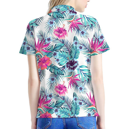 Neon Hibiscus Tropical Pattern Print Women's Polo Shirt
