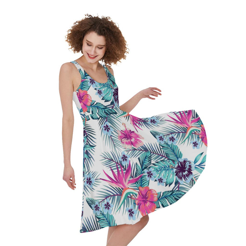 Neon Hibiscus Tropical Pattern Print Women's Sleeveless Dress