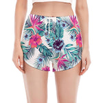 Neon Hibiscus Tropical Pattern Print Women's Split Running Shorts