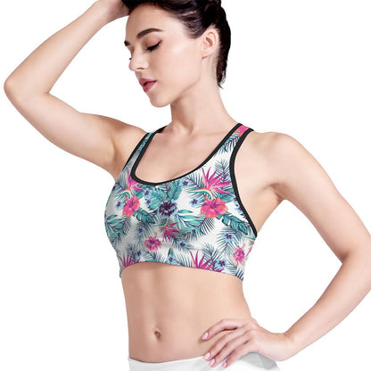 Neon Hibiscus Tropical Pattern Print Women's Sports Bra