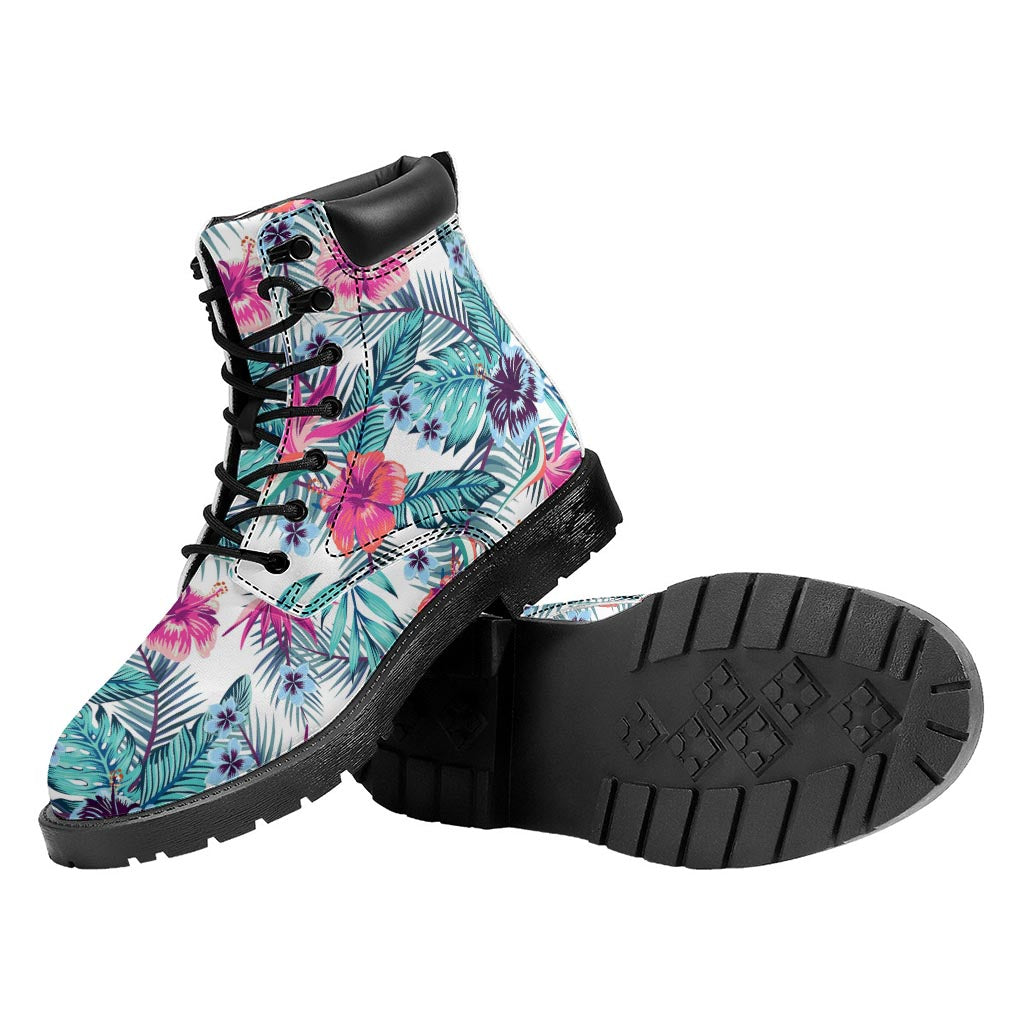 Neon Hibiscus Tropical Pattern Print Work Boots