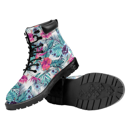 Neon Hibiscus Tropical Pattern Print Work Boots