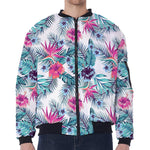 Neon Hibiscus Tropical Pattern Print Zip Sleeve Bomber Jacket