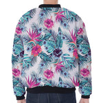 Neon Hibiscus Tropical Pattern Print Zip Sleeve Bomber Jacket