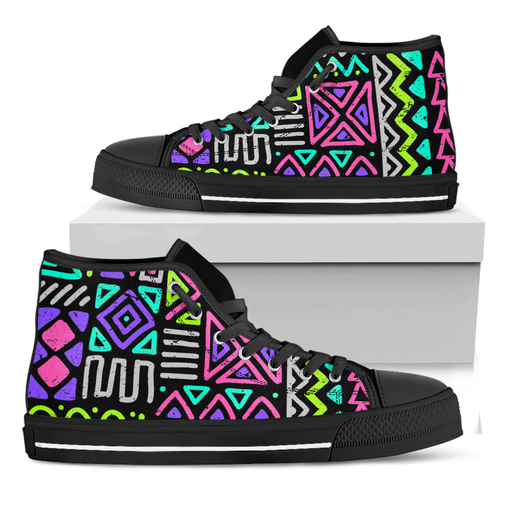 Neon Native Aztec Pattern Print Black High Top Sneakers