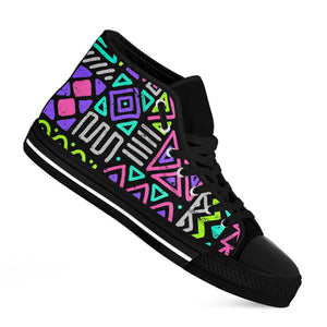 Neon Native Aztec Pattern Print Black High Top Sneakers