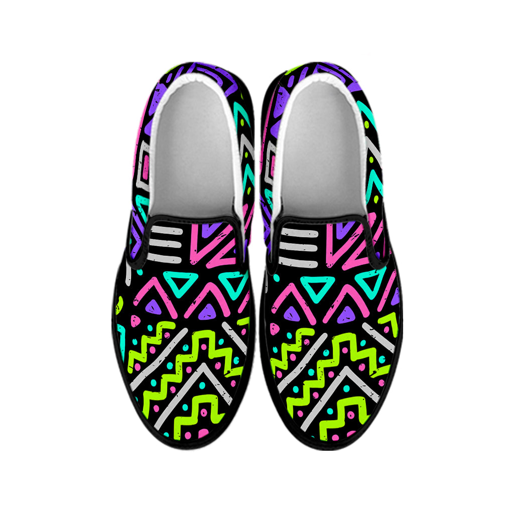 Neon Native Aztec Pattern Print Black Slip On Sneakers