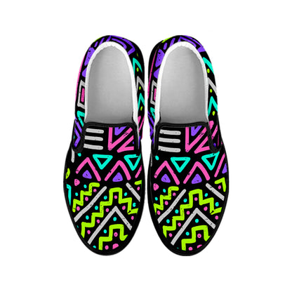 Neon Native Aztec Pattern Print Black Slip On Sneakers