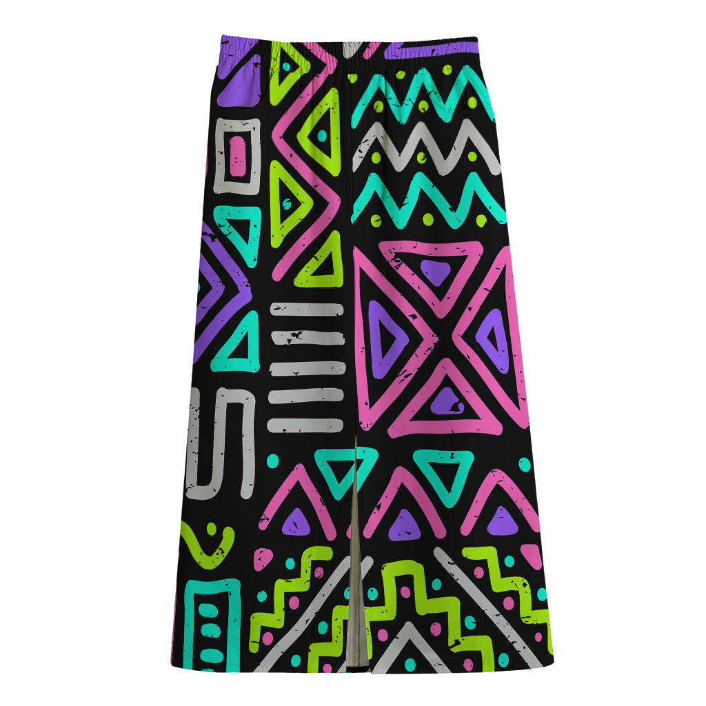 Neon Native Aztec Pattern Print Cotton Front Slit Maxi Skirt