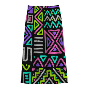 Neon Native Aztec Pattern Print Cotton Front Slit Maxi Skirt