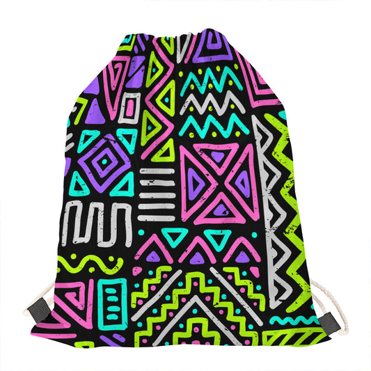 Neon Native Aztec Pattern Print Drawstring Bag