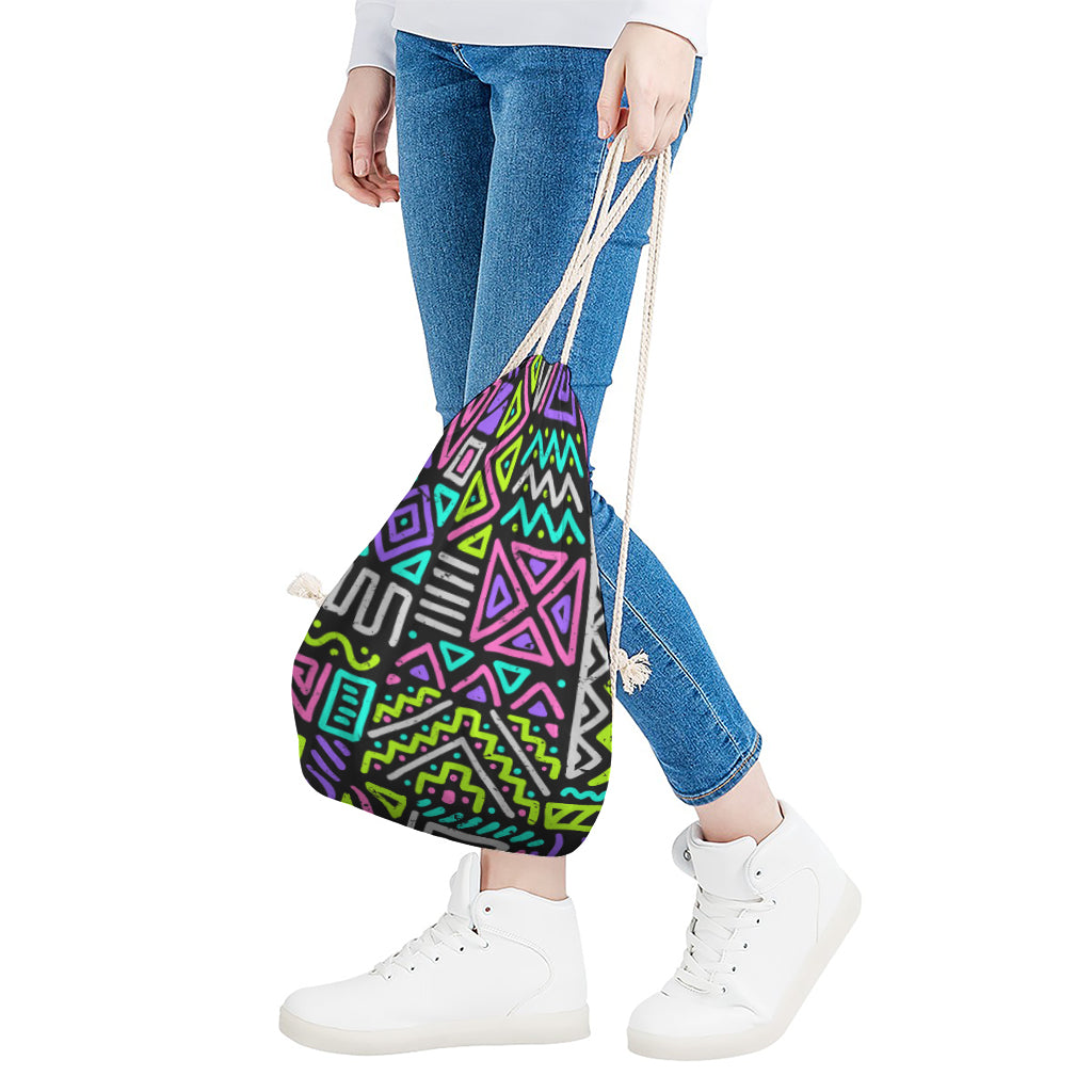 Neon Native Aztec Pattern Print Drawstring Bag
