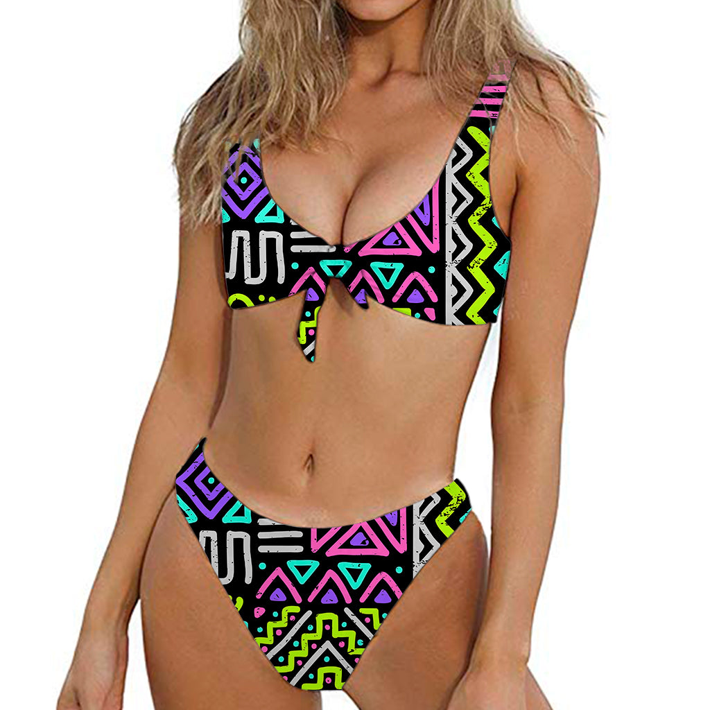 Neon Native Aztec Pattern Print Front Bow Tie Bikini