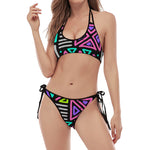 Neon Native Aztec Pattern Print Halter Scoop Tie Side Bikini