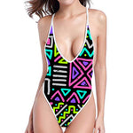 Neon Native Aztec Pattern Print High Cut One Piece Swimsuit