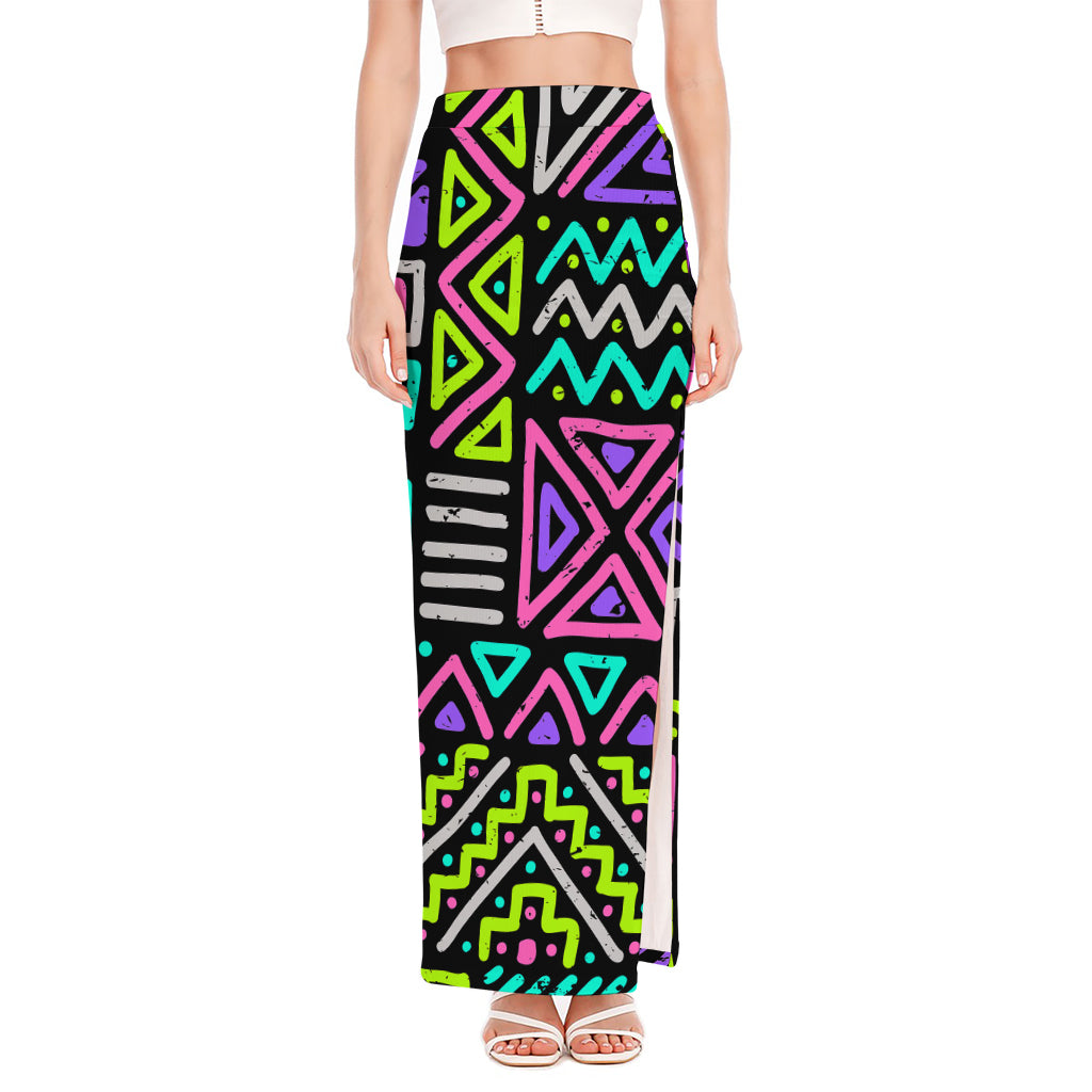 Neon Native Aztec Pattern Print High Slit Maxi Skirt