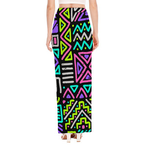 Neon Native Aztec Pattern Print High Slit Maxi Skirt