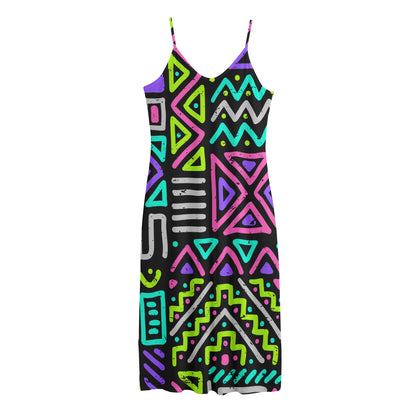 Neon Native Aztec Pattern Print Jersey Midi Cami Dress