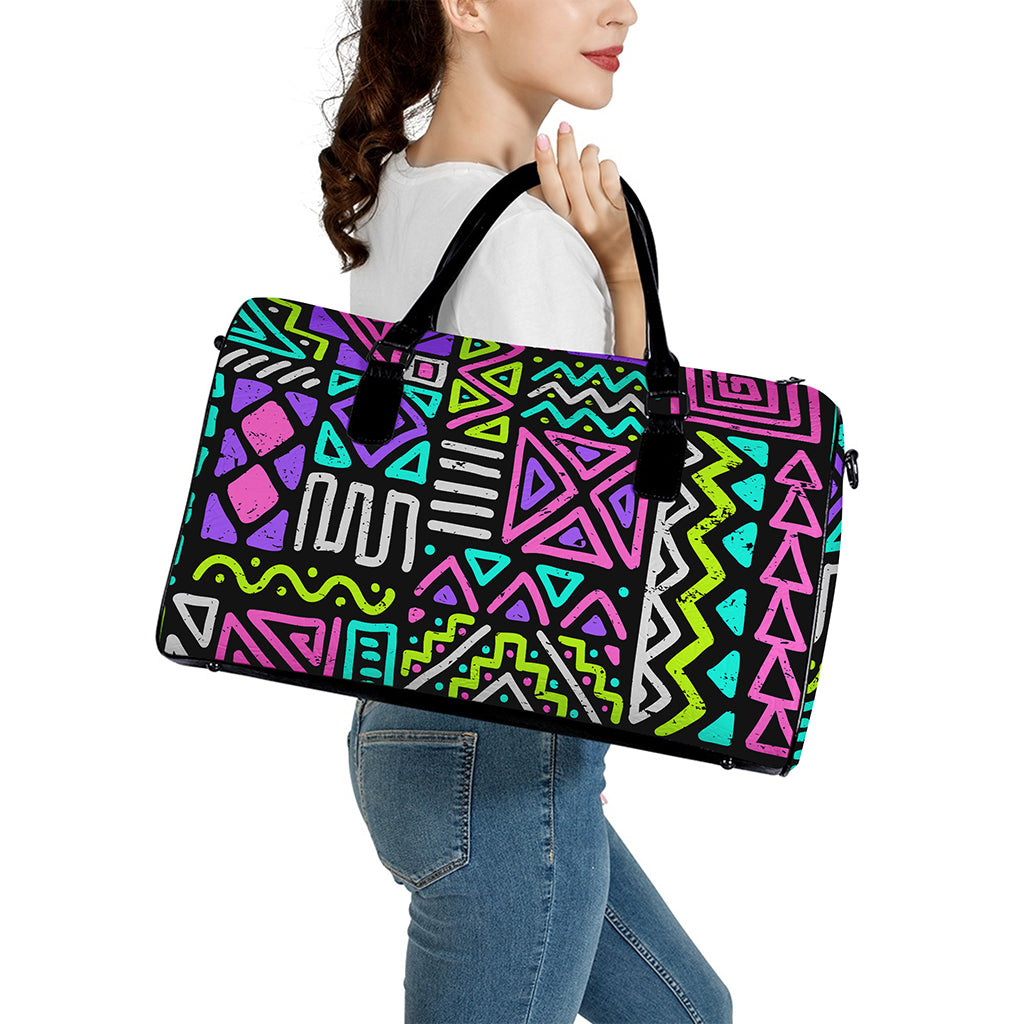 Neon Native Aztec Pattern Print Leather Duffle Bag