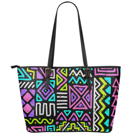 Neon Native Aztec Pattern Print Leather Tote Bag