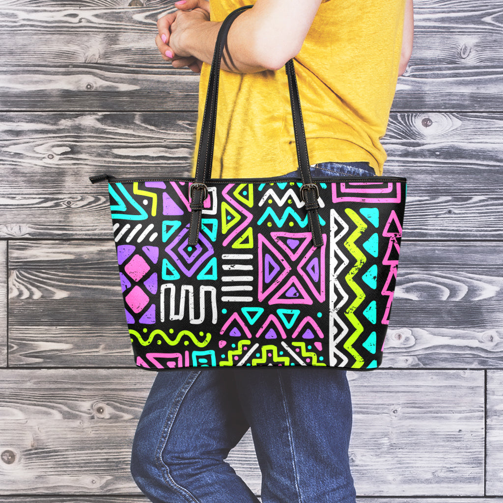 Neon Native Aztec Pattern Print Leather Tote Bag