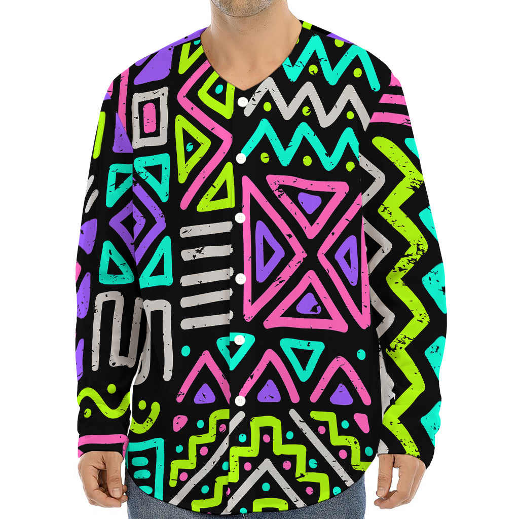 Neon Native Aztec Pattern Print Long Sleeve Baseball Jersey