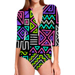 Neon Native Aztec Pattern Print Long Sleeve Swimsuit
