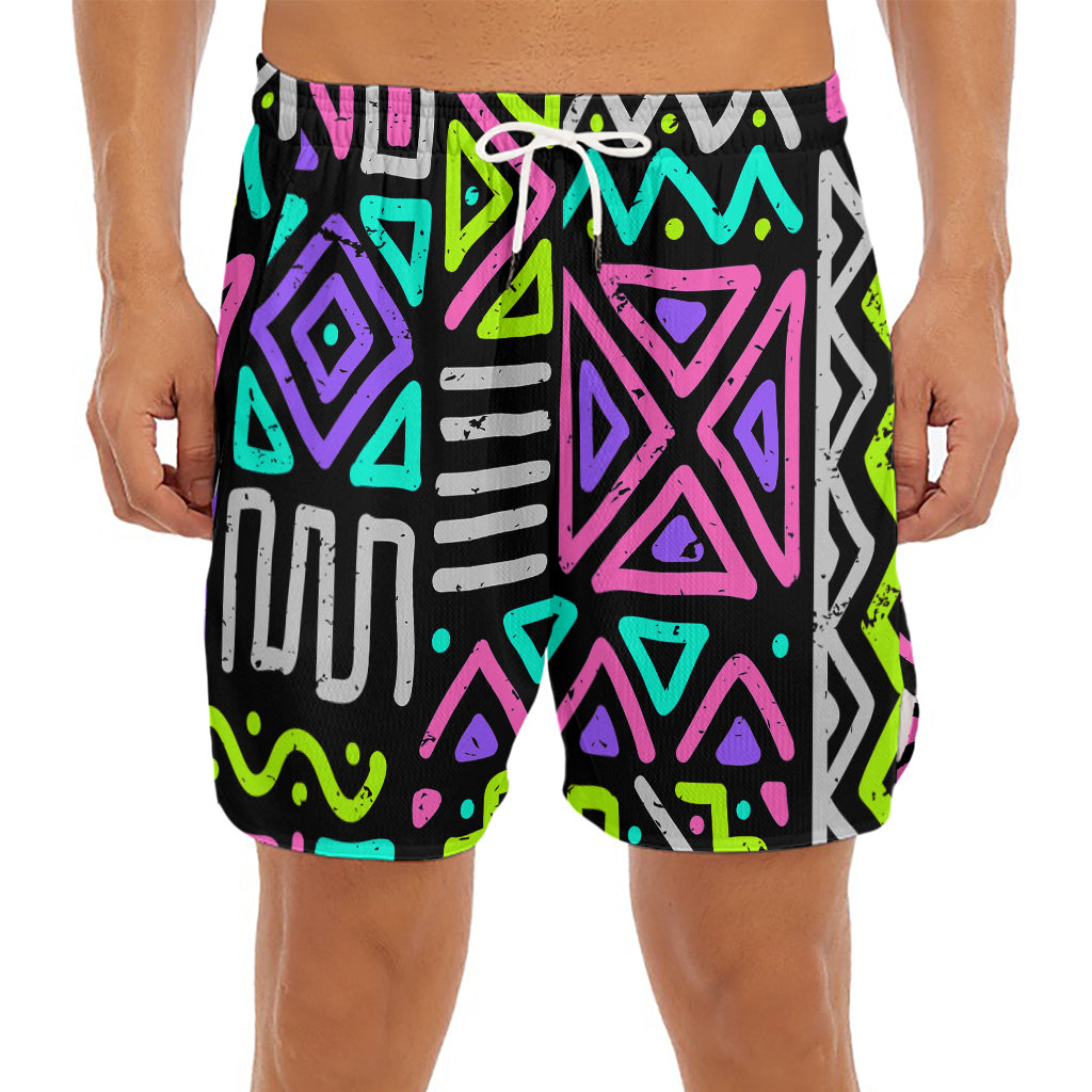 Neon Native Aztec Pattern Print Men's Split Running Shorts