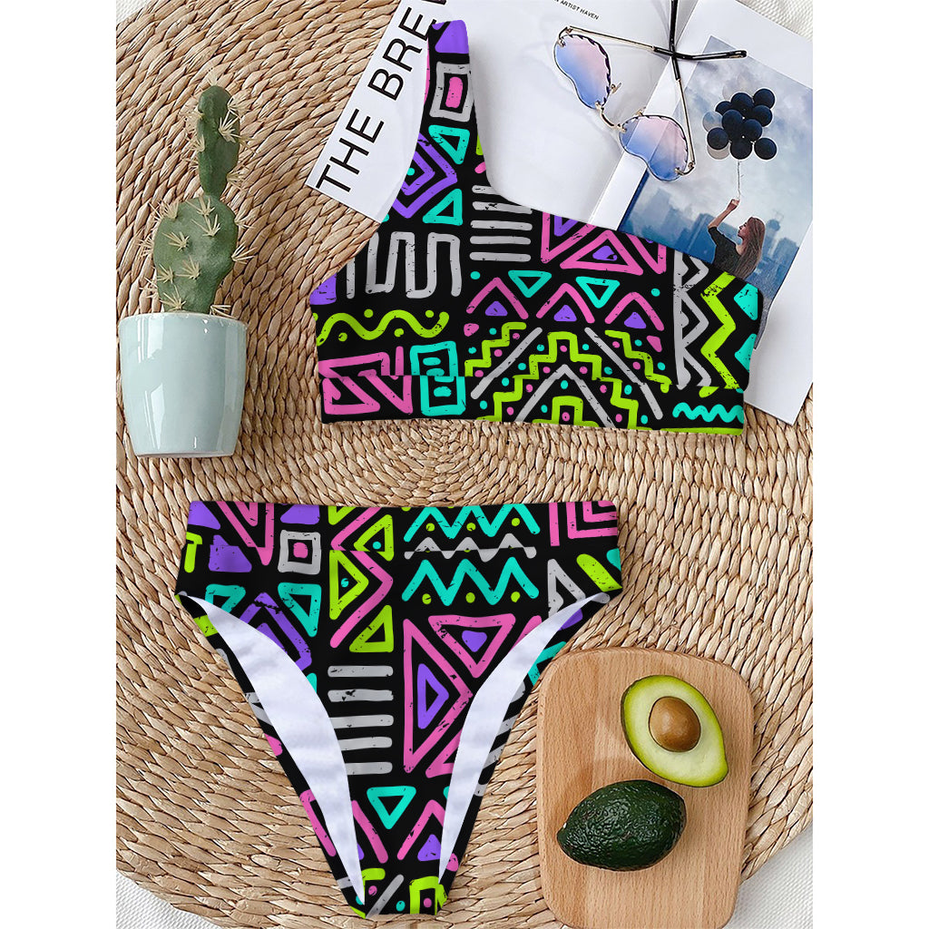 Neon Native Aztec Pattern Print One Shoulder Bikini Top