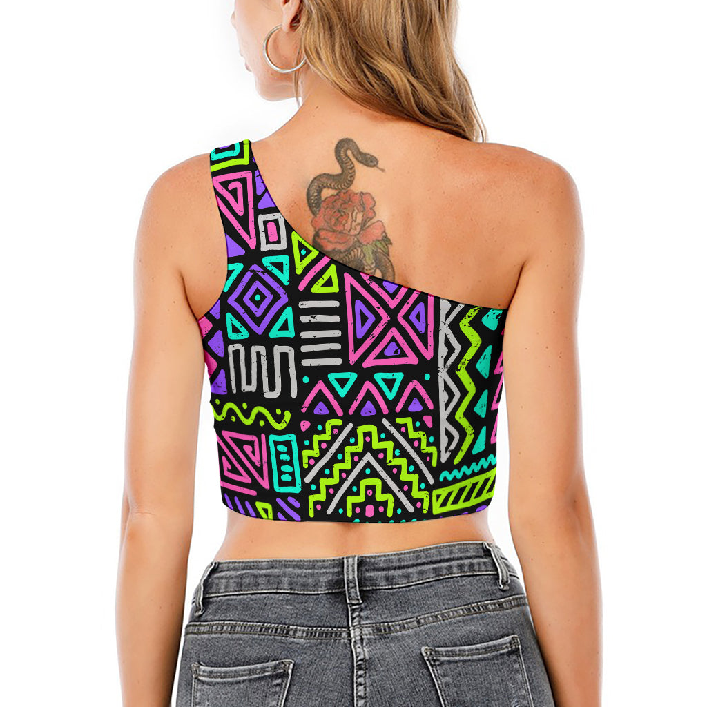 Neon Native Aztec Pattern Print One Shoulder Crop Top