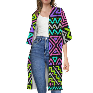 Neon Native Aztec Pattern Print Open Front Beach Cover Up