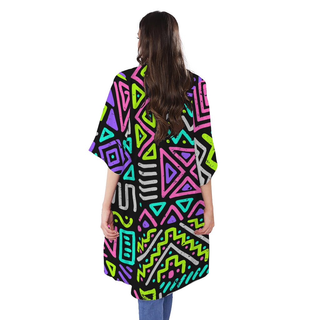 Neon Native Aztec Pattern Print Open Front Beach Cover Up